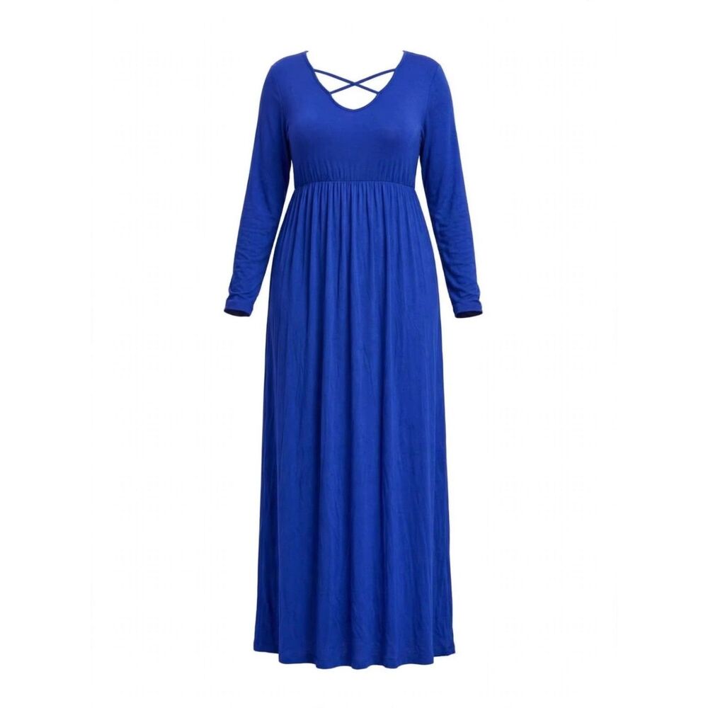 Ezbelle Royal Blue Long Sleeve Maxi Dress with Crisscross Neckline  2XL